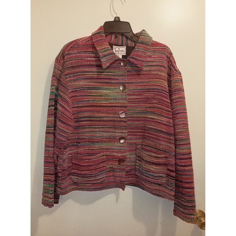 Tan Trums Vintage 1980s Multicolor Striped Woven Button Jacket Petite XL Pockets